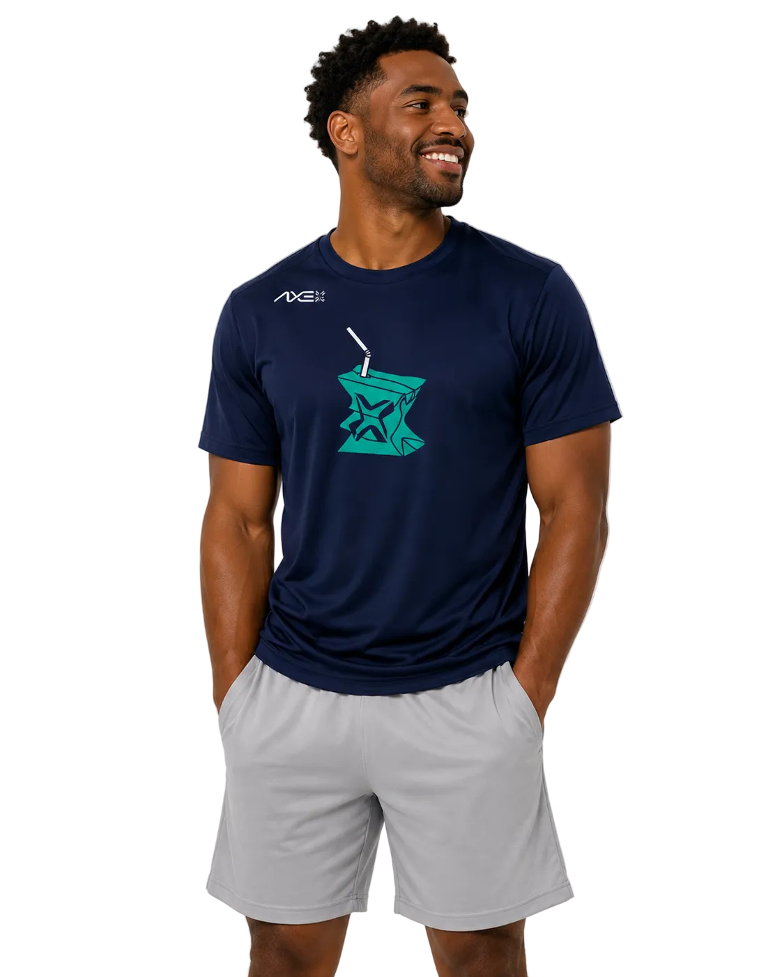 man in navy shirt smiling axe