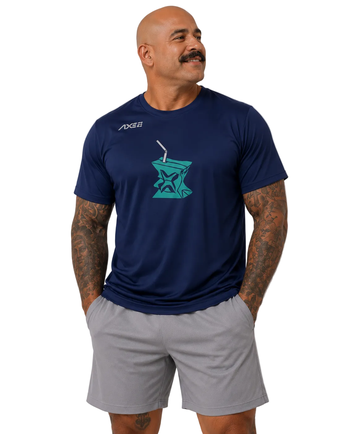 A man wearing a navy blue athletic t-shirt with a teal graphic of a star-shaped drink and the brand name 'AXE2' on the chest, paired with gray athletic shorts, standing against a light gray studio background.