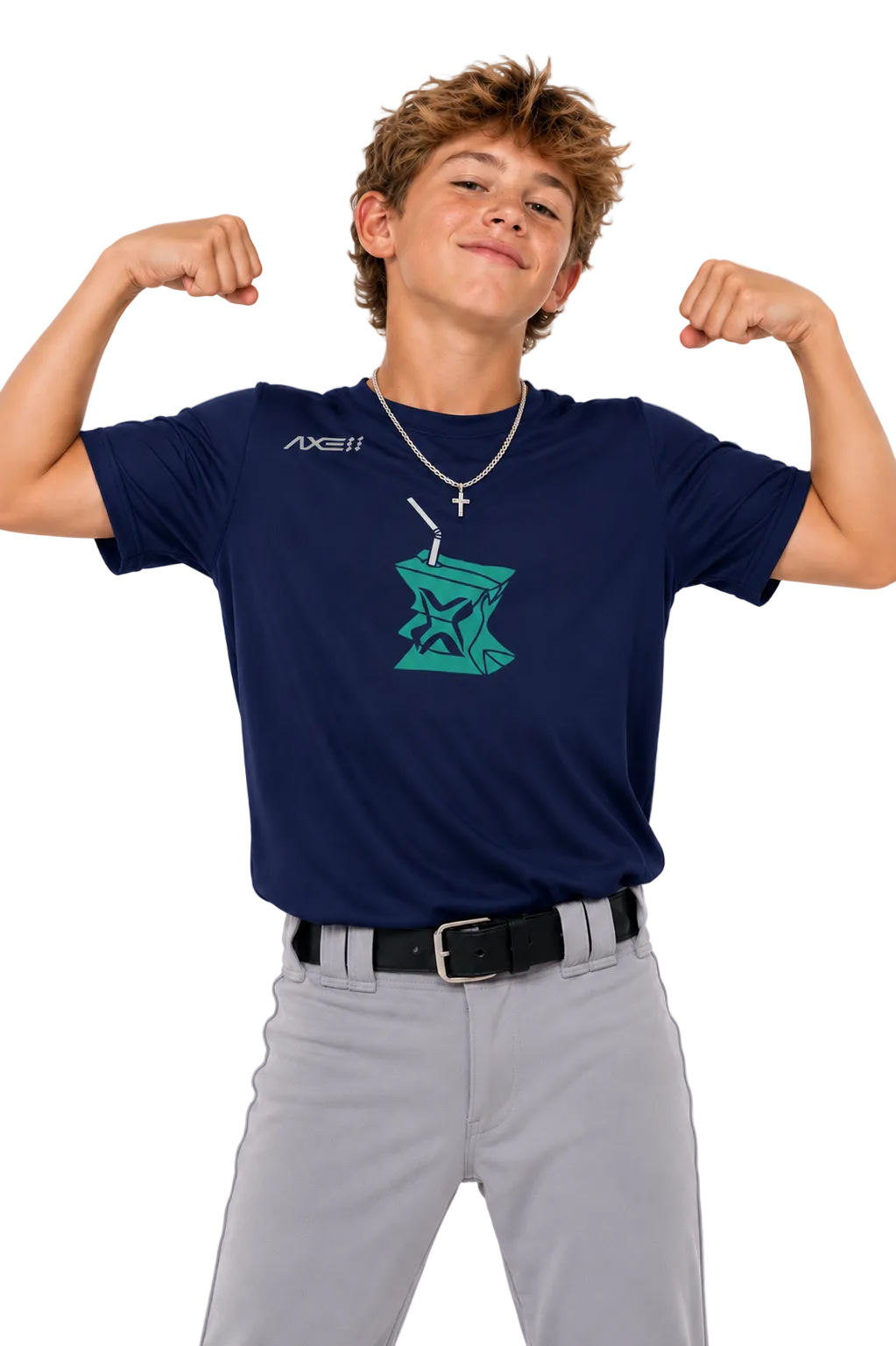 A boy modeling a navy blue short-sleeve t-shirt with a teal and white graphic on the front, paired with gray pants and a silver necklace, posing with flexed biceps against a light gray background.
