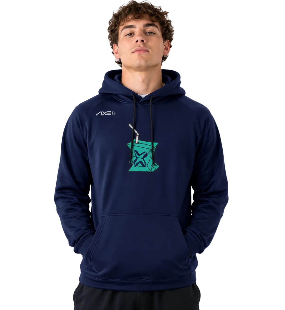 A man wearing a navy blue pullover hoodie with a teal graphic on the chest and a white AXE logo on the left chest, set against a plain white background.