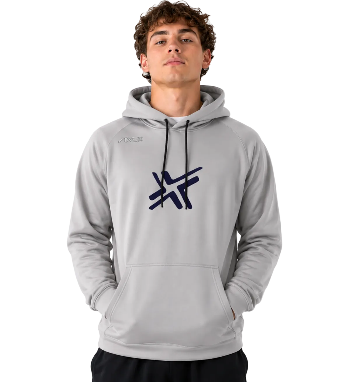 A man wearing a light gray pullover hoodie with a dark navy blue stylized logo on the chest and black drawstrings, photographed against a plain white background.