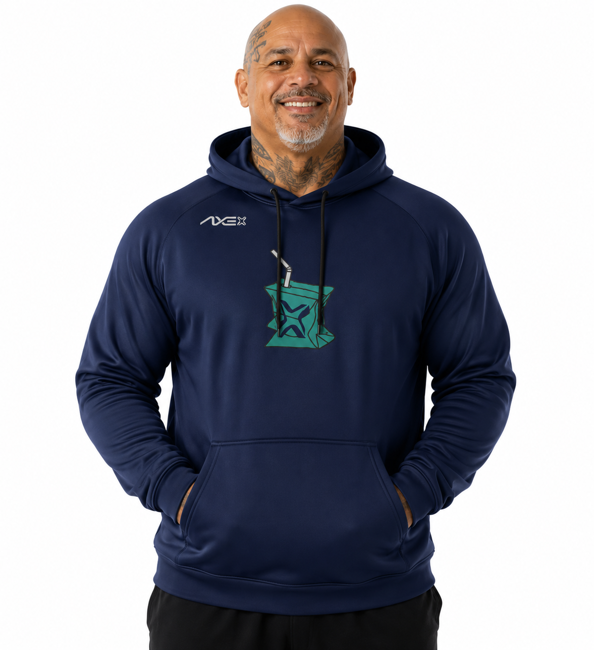 A man wearing a navy blue AXE II pullover hoodie with a teal graphic on the chest, photographed against a plain white background.