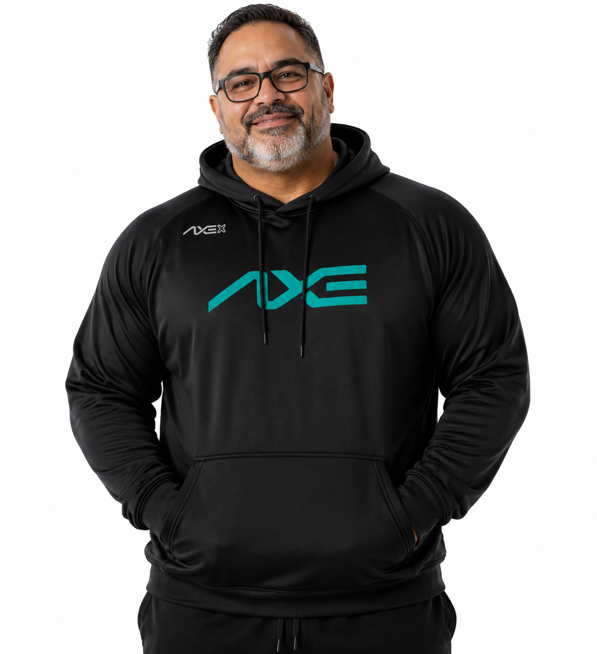 A man wearing a black long-sleeve hoodie with a teal Axiom logo on the chest, photographed against a plain white background.