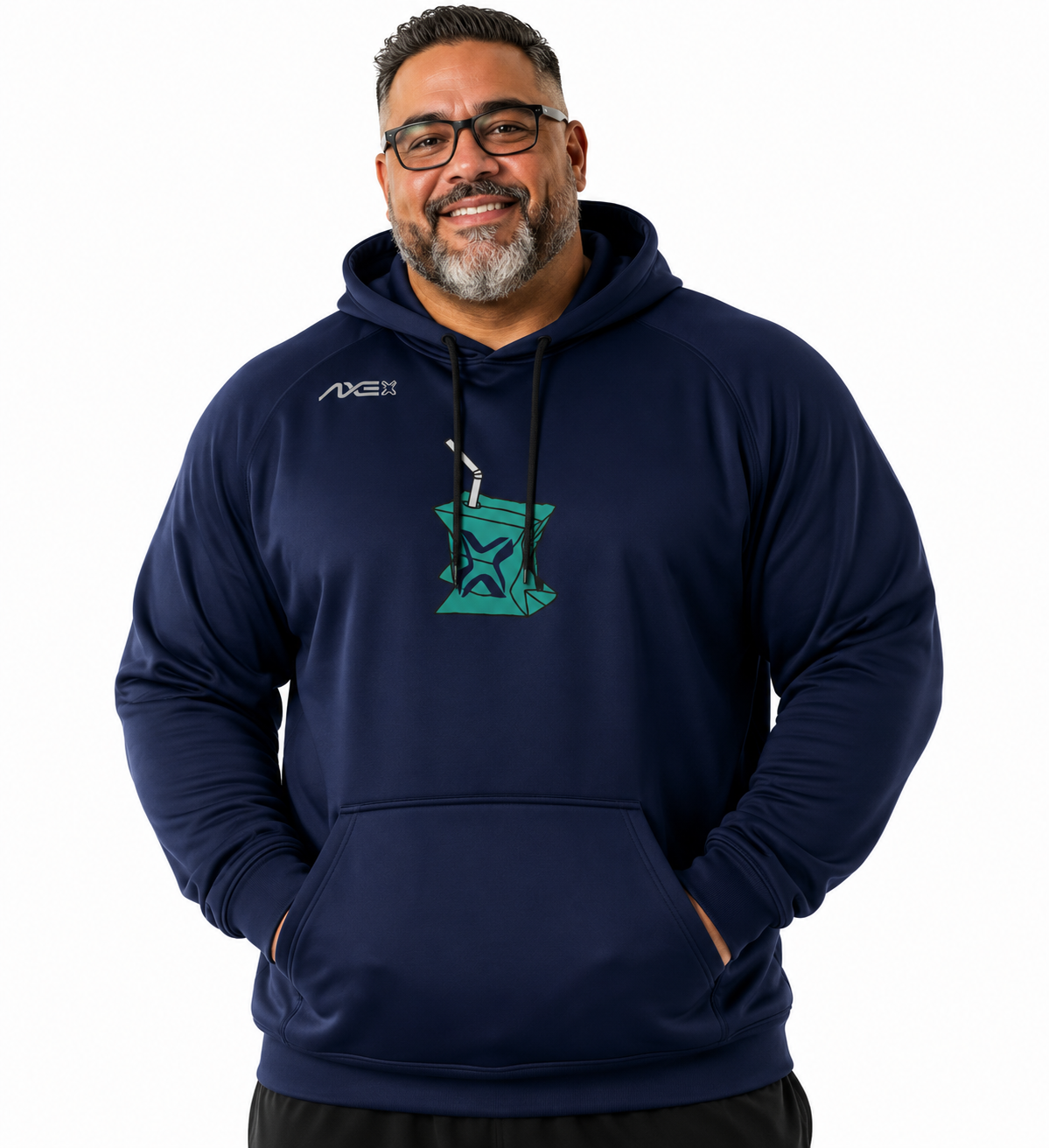 A man wearing a navy blue hoodie with a teal and white graphic on the chest and the brand name 'AXE' on the left shoulder, set against a plain white background.