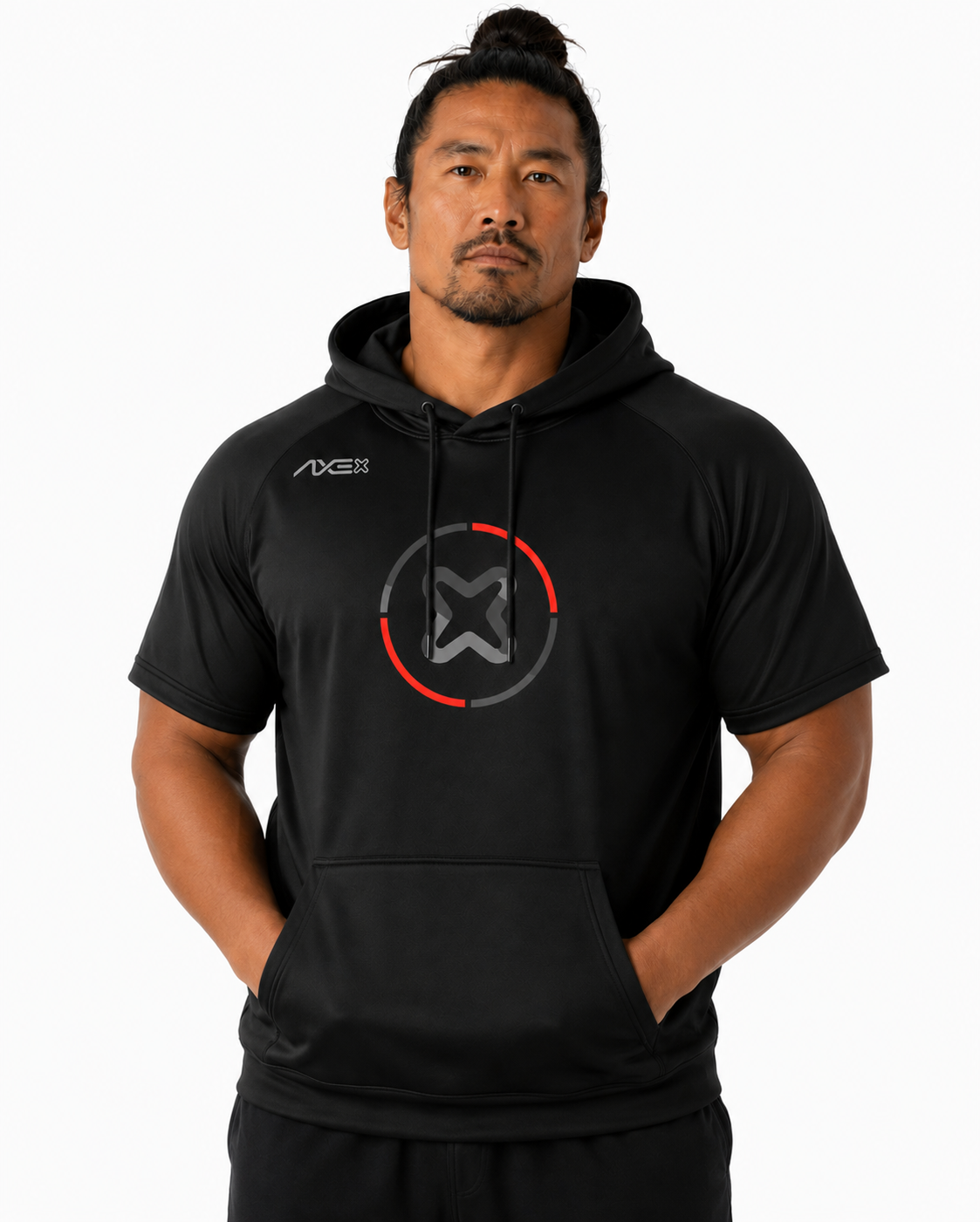 A man wearing a black short-sleeve athletic hoodie with a red and gray circular logo on the chest and a white 'AXE' brand mark on the right shoulder, photographed against a light gray studio background.