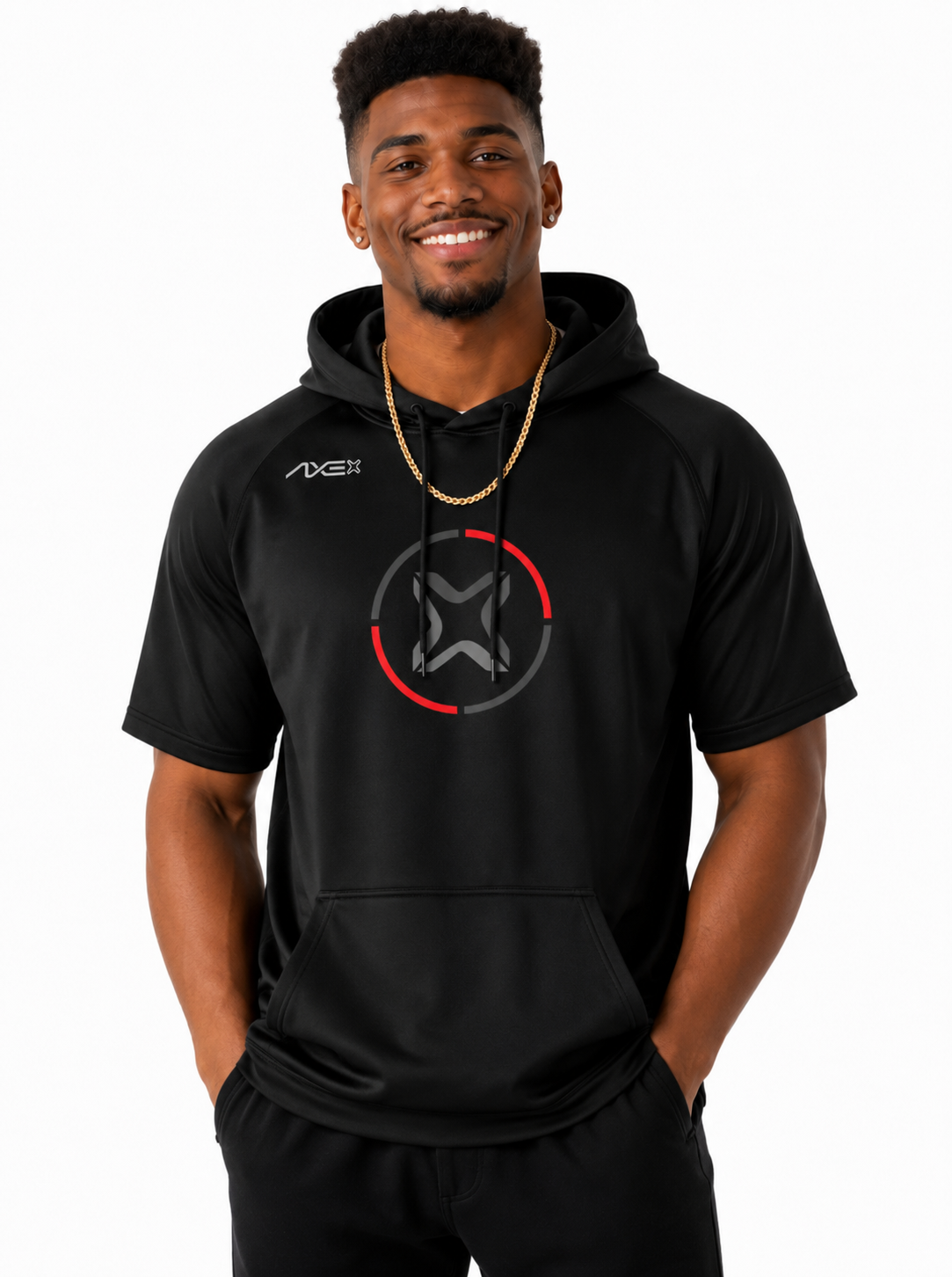 A man wearing a black short-sleeve athletic hoodie with a red and gray circular logo on the chest and a white AXE logo on the right chest, paired with black sweatpants against a plain white background.