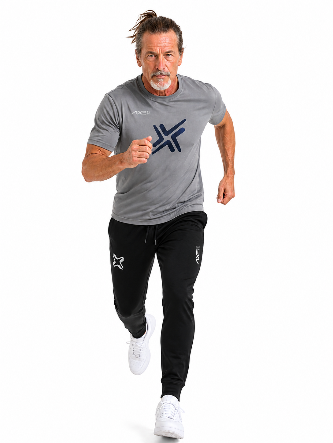 Man running in black Axe Joggers with the white Axe X mark at the left thigh, paired with a gray G1 Axe performance tee.