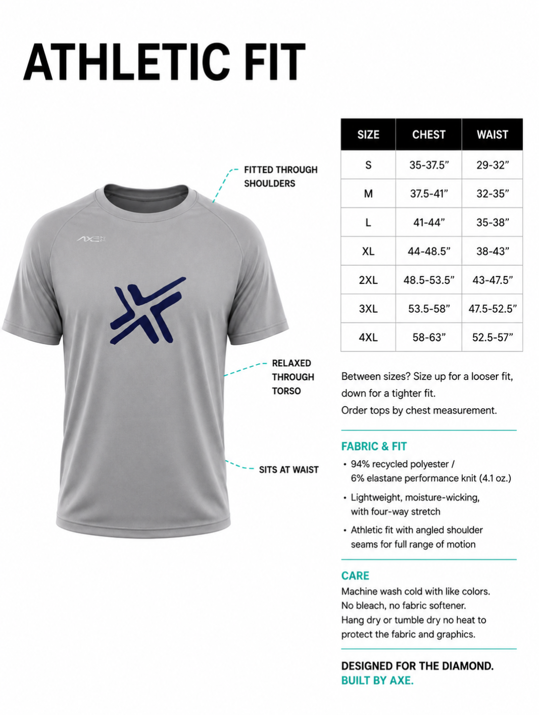 Adult sizing guide for the light gray G1 Axe Performance Tee, with a chest and waist size chart plus fabric and care details.