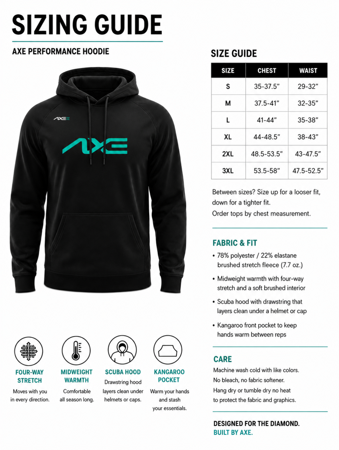 Adult sizing guide for the black Axe Scuba Hoodie, with a chest and waist size chart plus fabric and care details.