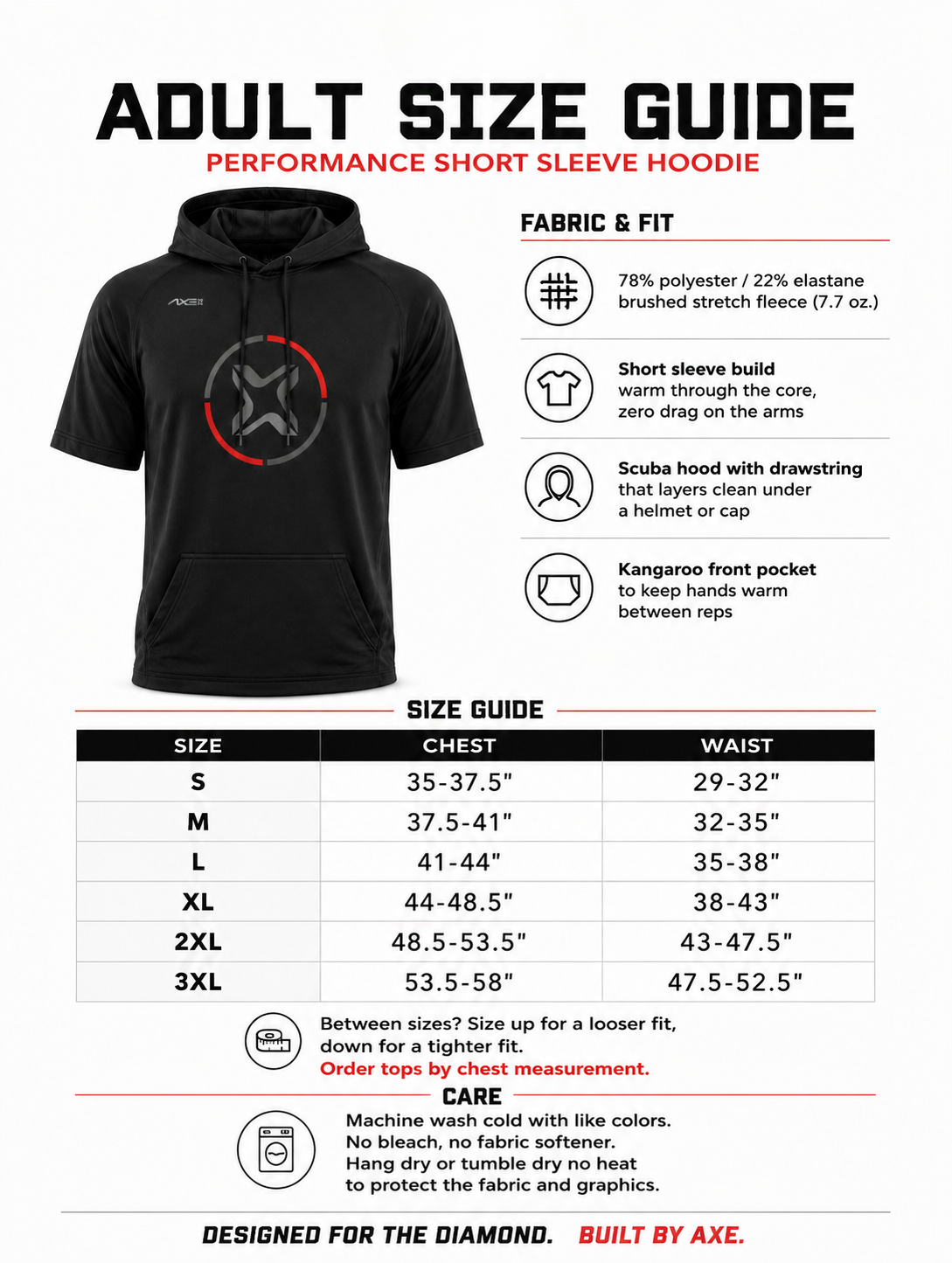 Adult sizing guide for the black Fury Bravo Axe Short Sleeve Scuba Hoodie, with a chest and waist size chart from Small to 3XL plus fabric and care details.