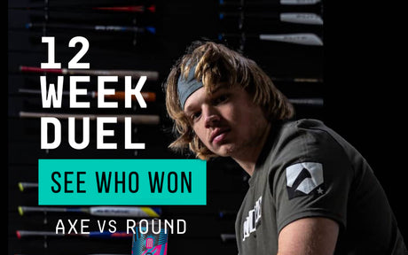 Champion of the 12-week bat duel, Axe versus round knob, blog banner.