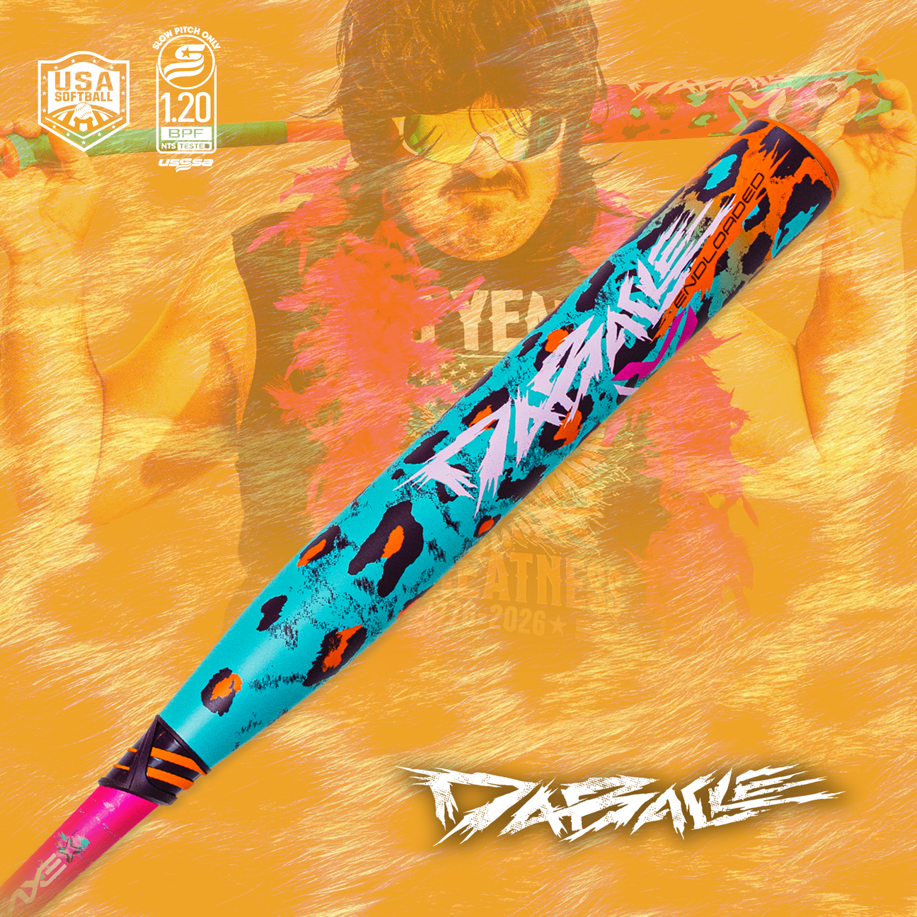 Axe 2026 Dabacle Dual Stamp Slowpitch Softball bat lineup banner.