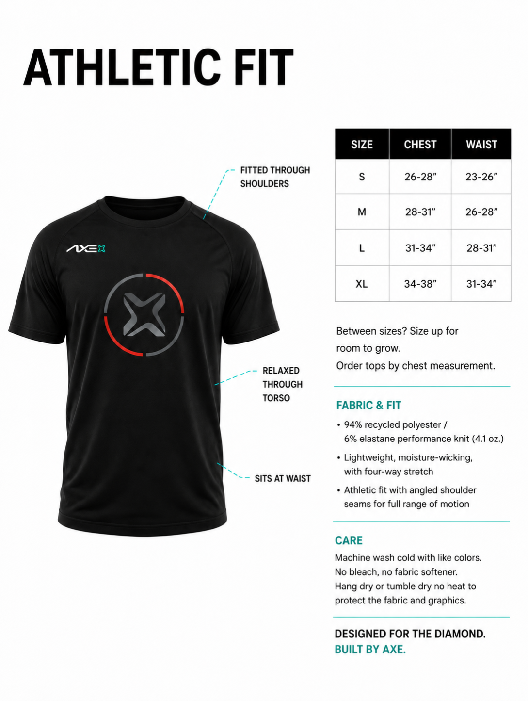 Athletic fit guide for an AXSii black t-shirt, showing a front view of the fitted and relaxed garment, a size chart table, and fit and care details on a white background.