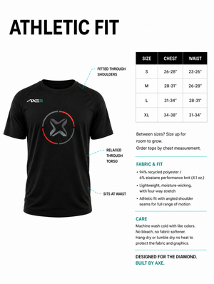 Athletic fit guide for an AXSii black t-shirt, showing a front view of the fitted and relaxed garment, a size chart table, and fit and care details on a white background.