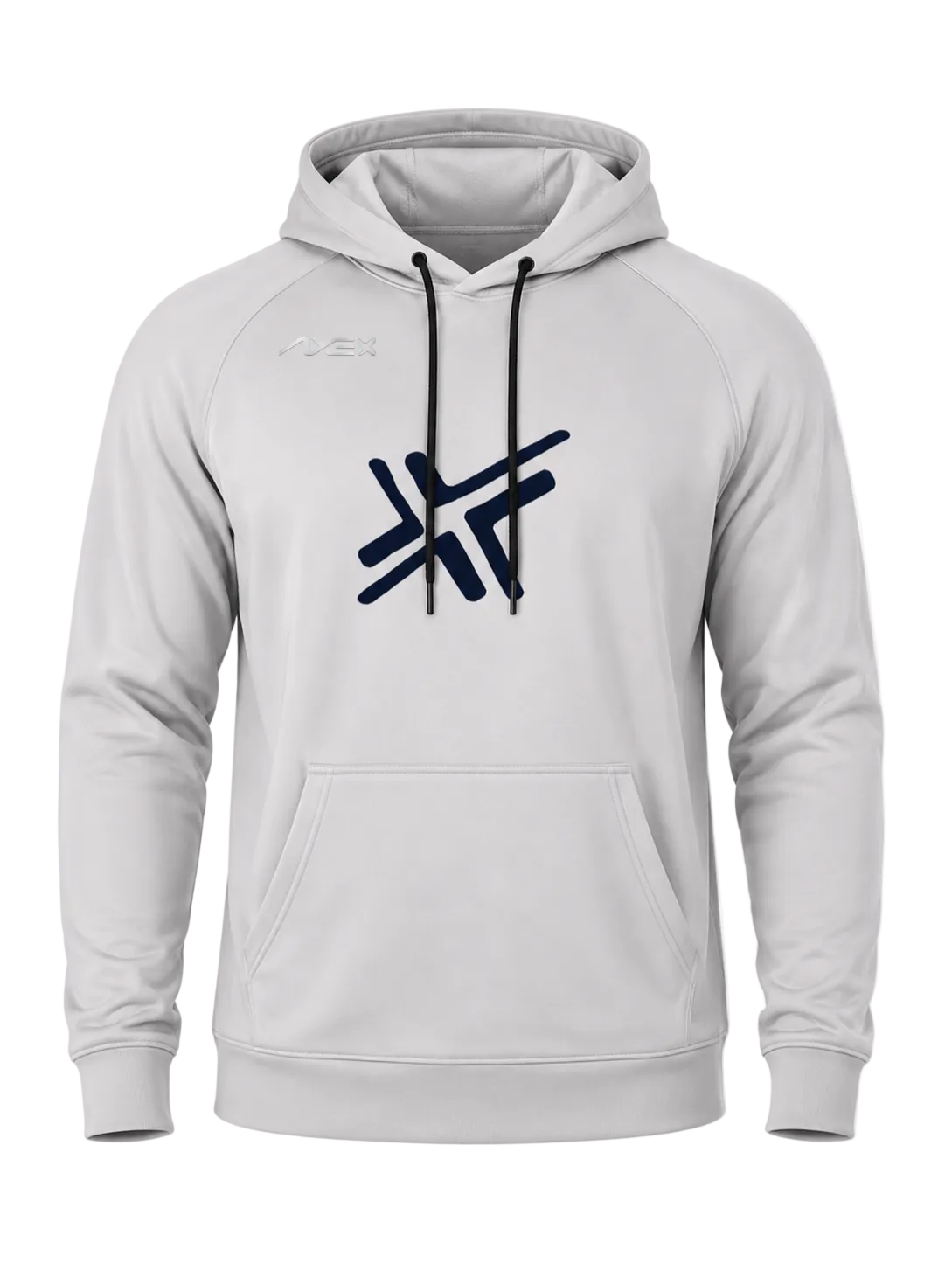 A light gray pullover hoodie with black drawstrings and a dark navy blue abstract geometric logo printed on the center chest. The hoodie features a kangaroo pocket and ribbed cuffs and hem, shown against a plain white background.