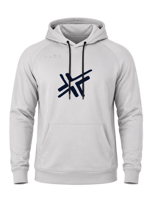 A light gray pullover hoodie with black drawstrings and a dark navy blue abstract geometric logo printed on the center chest. The hoodie features a kangaroo pocket and ribbed cuffs and hem, shown against a plain white background.