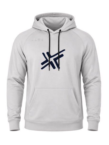 A light gray pullover hoodie with black drawstrings and a dark navy blue abstract geometric logo printed on the center chest. The hoodie features a kangaroo pocket and ribbed cuffs and hem, shown against a plain white background.