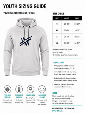 A youth sizing guide infographic for the Axe Performance hoodie, showing a white hooded sweatshirt with a navy axe logo on the chest, alongside a size chart table from S to XL and fabric/fit and care details.