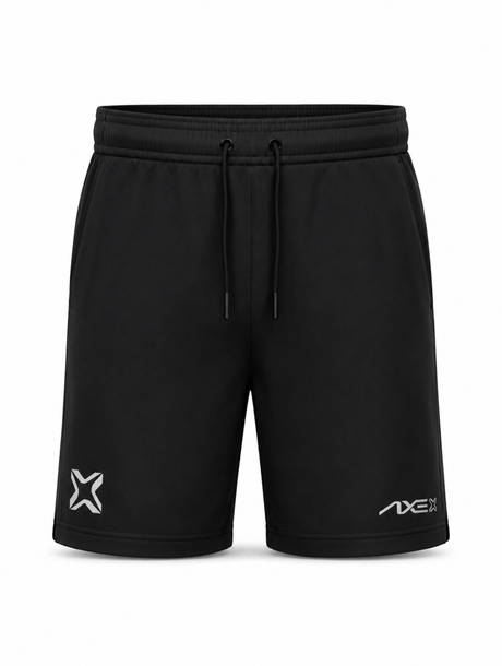 Black athletic shorts with a drawstring waistband, featuring a white stylized 'X' logo on the left leg and 'AXE' branding on the right leg, shown against a plain white background.