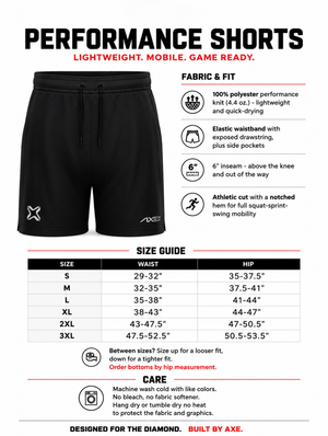 Black athletic shorts with a white logo, shown on a white background with promotional text and a size guide table. The image highlights features like lightweight performance knit fabric, elastic waistband, and 6-inch inseam.