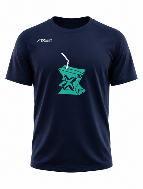 A navy blue short-sleeve athletic t-shirt with a white AXE logo on the left chest and a teal geometric graphic on the center chest, displayed on a solid white background.