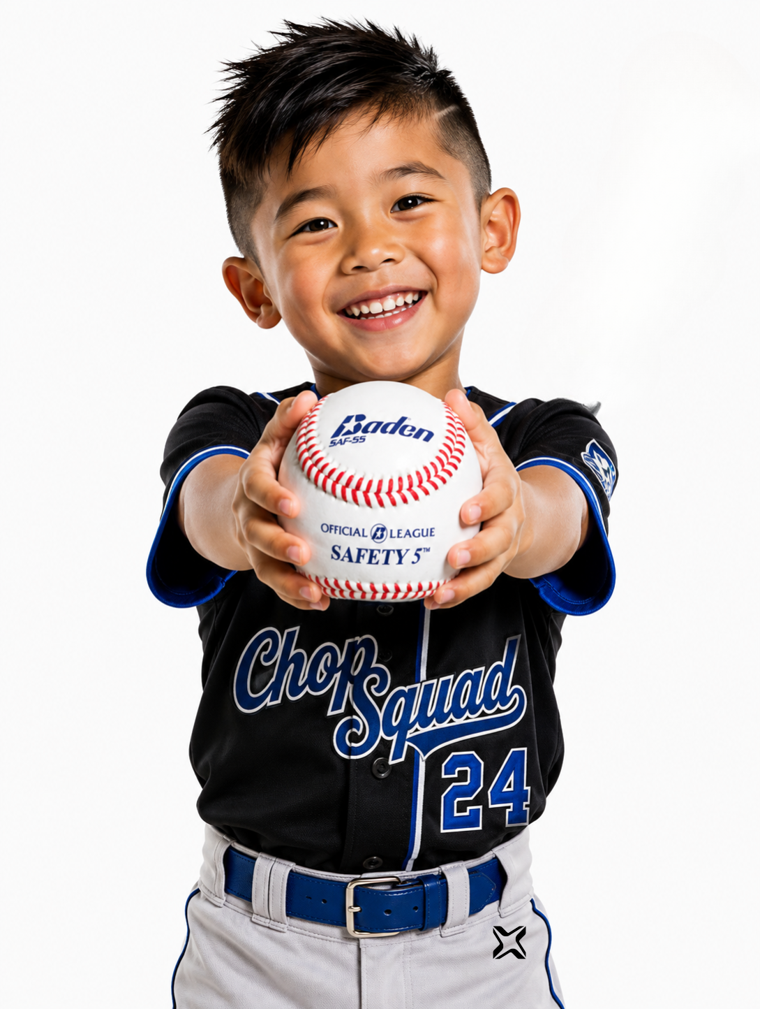 A young boy smiling and holding a white baseball with red stitching toward the camera. He is wearing a black and blue Chorusquad baseball jersey with the number 24 and gray pants against a plain white background.