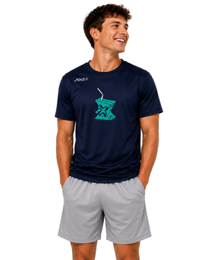 A man wearing a navy blue athletic t-shirt with a teal graphic on the chest and light gray shorts, standing against a light gray studio background.
