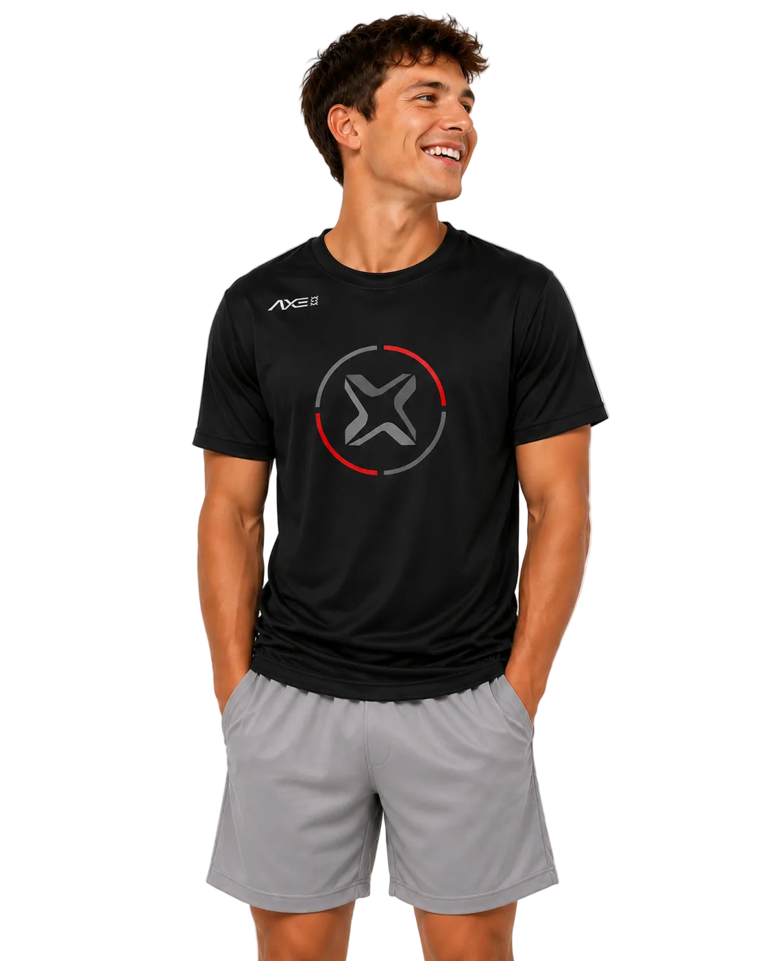 A man wearing a black AXE athletic t-shirt with a red and gray circular logo on the chest, paired with gray shorts, standing against a light gray studio background.