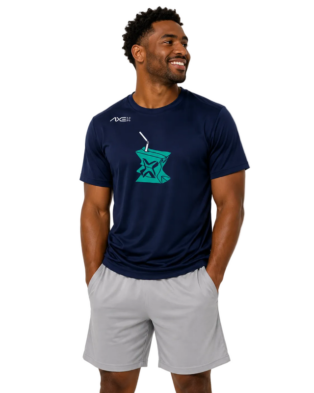 man in navy shirt smiling axe
