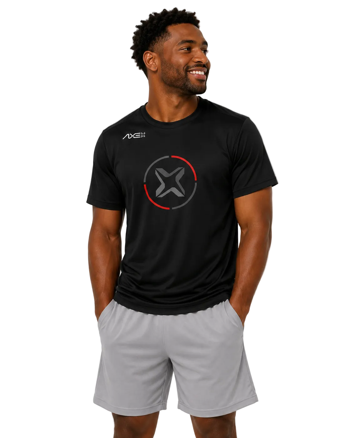 A man wearing a black short-sleeve athletic t-shirt with a gray and red circular logo on the chest, paired with light gray shorts, against a plain light gray background.