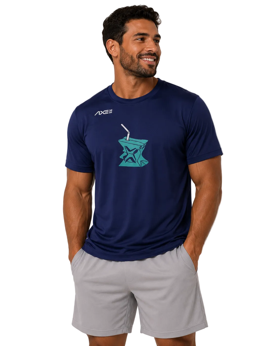 Man in navy Axe Logo shirt