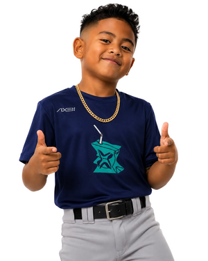 A young boy modeling a navy blue t-shirt with a teal geometric logo and a white AXEH brand name on the chest, paired with gray pants and a gold chain necklace, set against a plain white background.