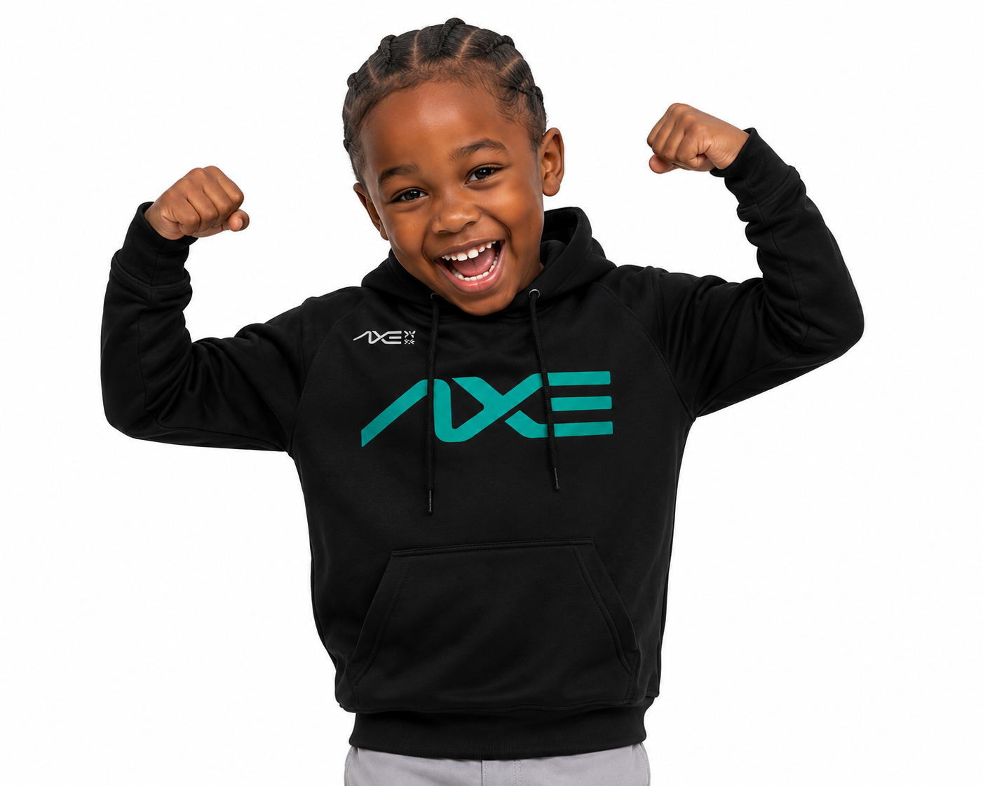 A young boy smiling and flexing his biceps while wearing a black AXE hoodie with a teal logo on the chest, set against a solid white background.