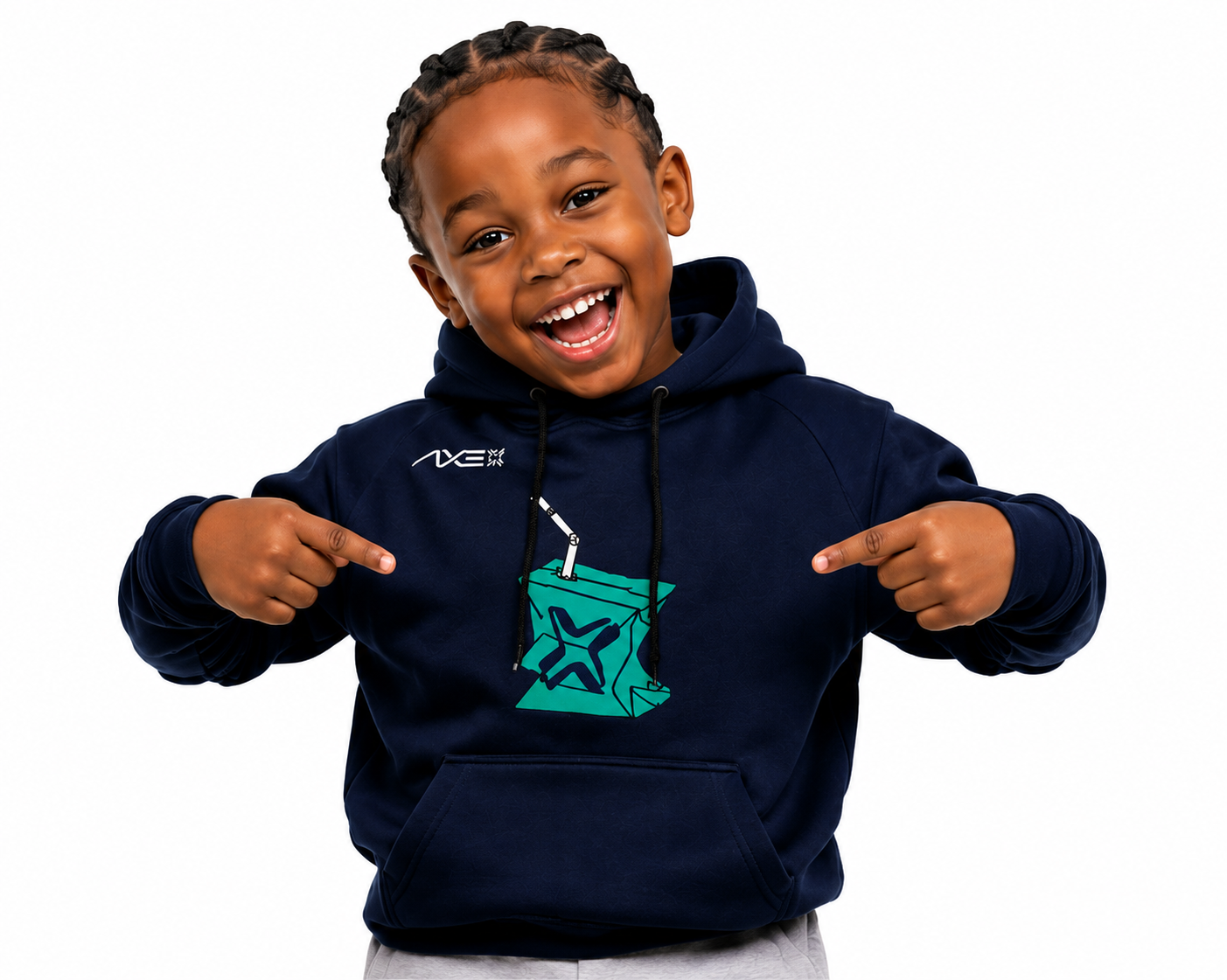 A young boy smiling and pointing at a navy blue hoodie with a teal graphic on the chest, set against a plain white background.