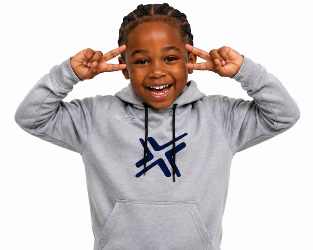 A young boy smiling and posing with his hands on his head, wearing a light gray heathered hoodie with a dark blue graphic logo on the chest. The background is solid white.