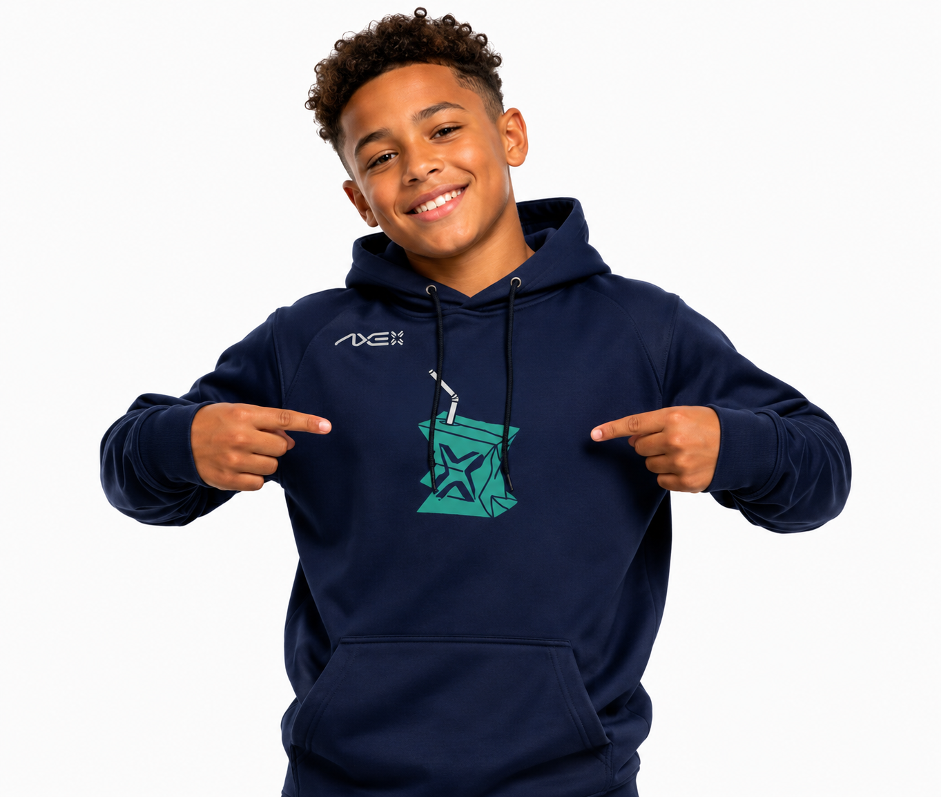 A smiling young man wearing a navy blue hoodie with a teal graphic on the chest, pointing at the design. The hoodie features a white AXE logo on the right chest and a teal geometric star graphic on the center.