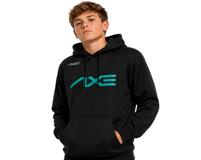 A young man wearing a black pullover hoodie with a teal and white Axiom brand logo on the chest, set against a plain light gray background.