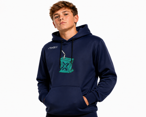 A young man wearing a navy blue AXE hoodie with a teal graphic on the front, set against a plain white background.