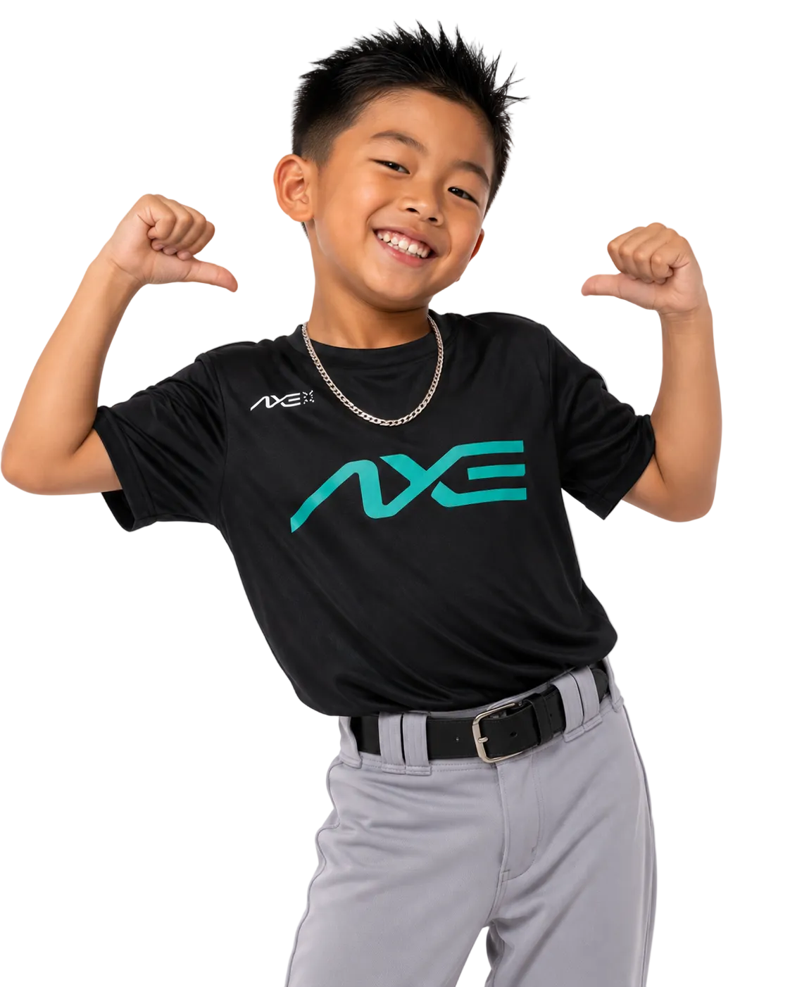A smiling young boy posing in a black short-sleeve athletic t-shirt with a teal and white AXE logo, paired with gray baseball pants and a silver chain necklace, against a solid white background.
