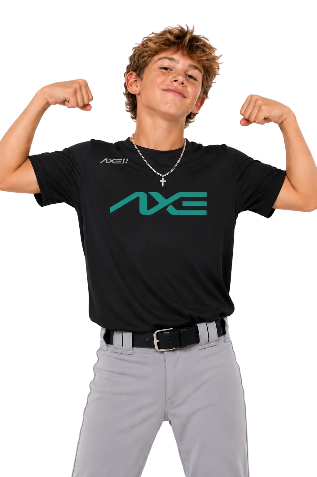 A boy modeling a black short-sleeve t-shirt with a teal and white AXE logo on the chest, paired with gray pants, against a light gray background.