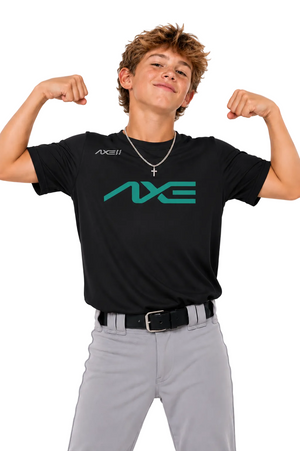 A boy modeling a black short-sleeve t-shirt with a teal and white AXE logo on the chest, paired with gray pants, against a light gray background.