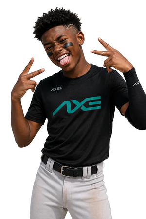 A young man wearing an Axe Black athletic t-shirt with a teal logo, posing with peace signs on a white background.