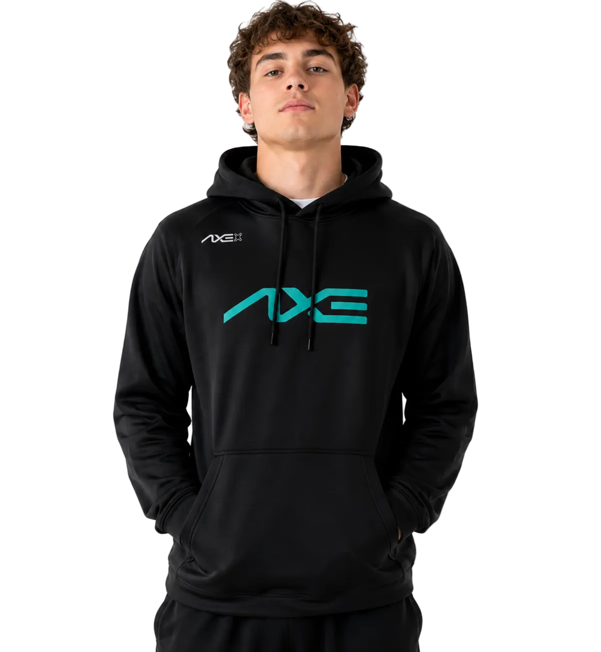 A man wearing a black pullover hoodie with a large teal and white AXE logo on the chest, photographed against a plain white background.