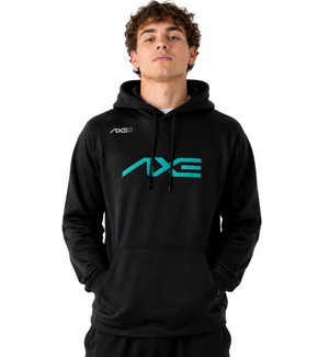 A man wearing a black pullover hoodie with a large teal and white AXE logo on the chest, photographed against a plain white background.