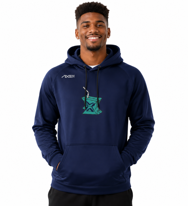 A man wearing a navy blue hoodie with a teal graphic on the chest and a white logo on the left shoulder, photographed against a plain white background.