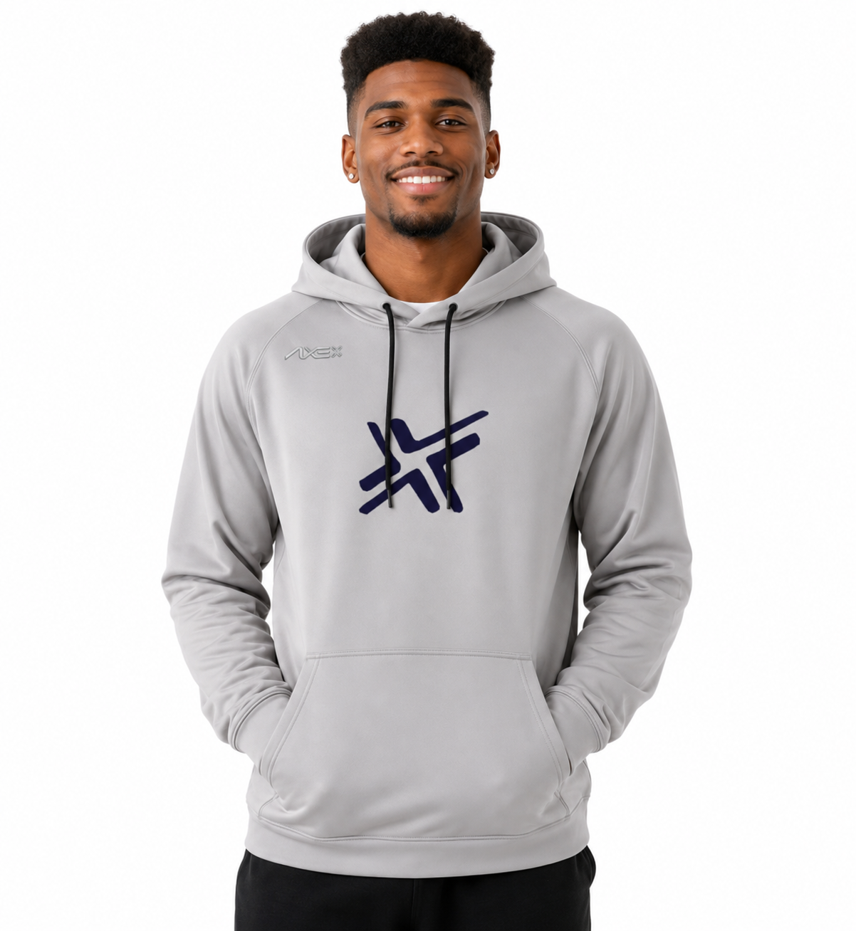 A man wearing a light gray pullover hoodie with a dark navy blue stylized logo on the chest, set against a plain white background.