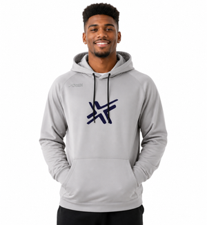 A man wearing a light gray pullover hoodie with a dark navy blue stylized logo on the chest, set against a plain white background.