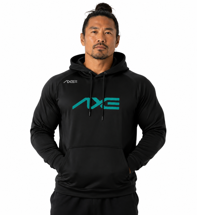 A man wearing a black long-sleeve hoodie with a teal AXE logo on the chest, posed against a solid white background.