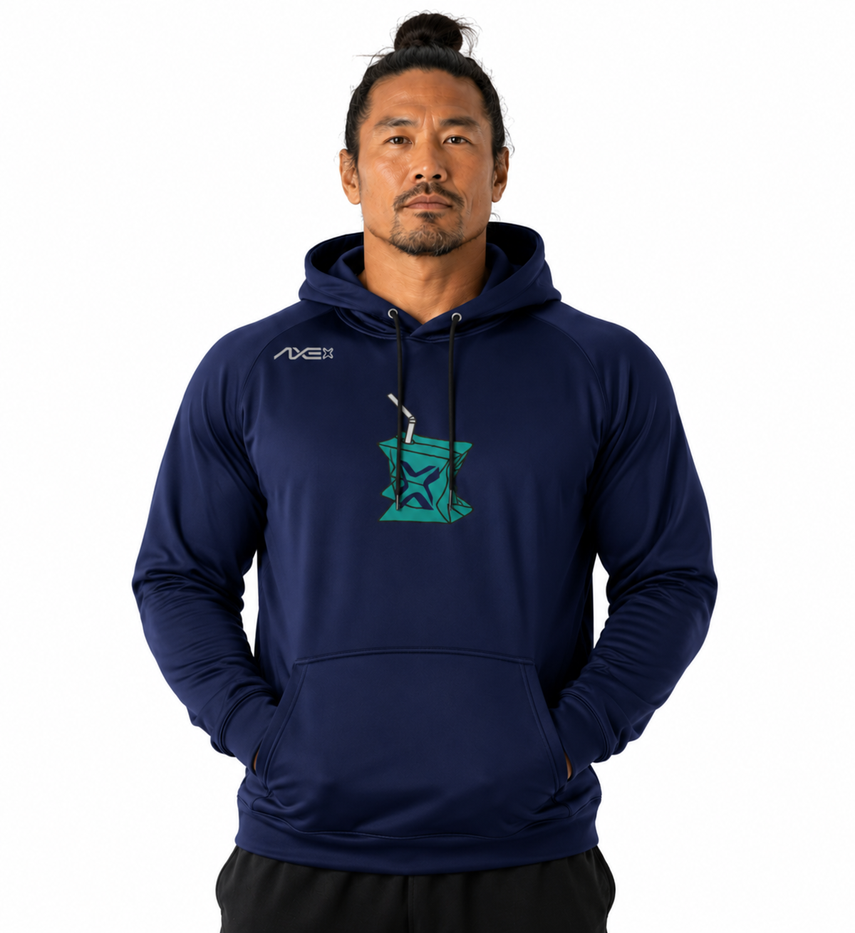A man wearing a navy blue athletic hoodie with a teal graphic on the chest and a white AXE logo on the left shoulder, set against a plain white background.