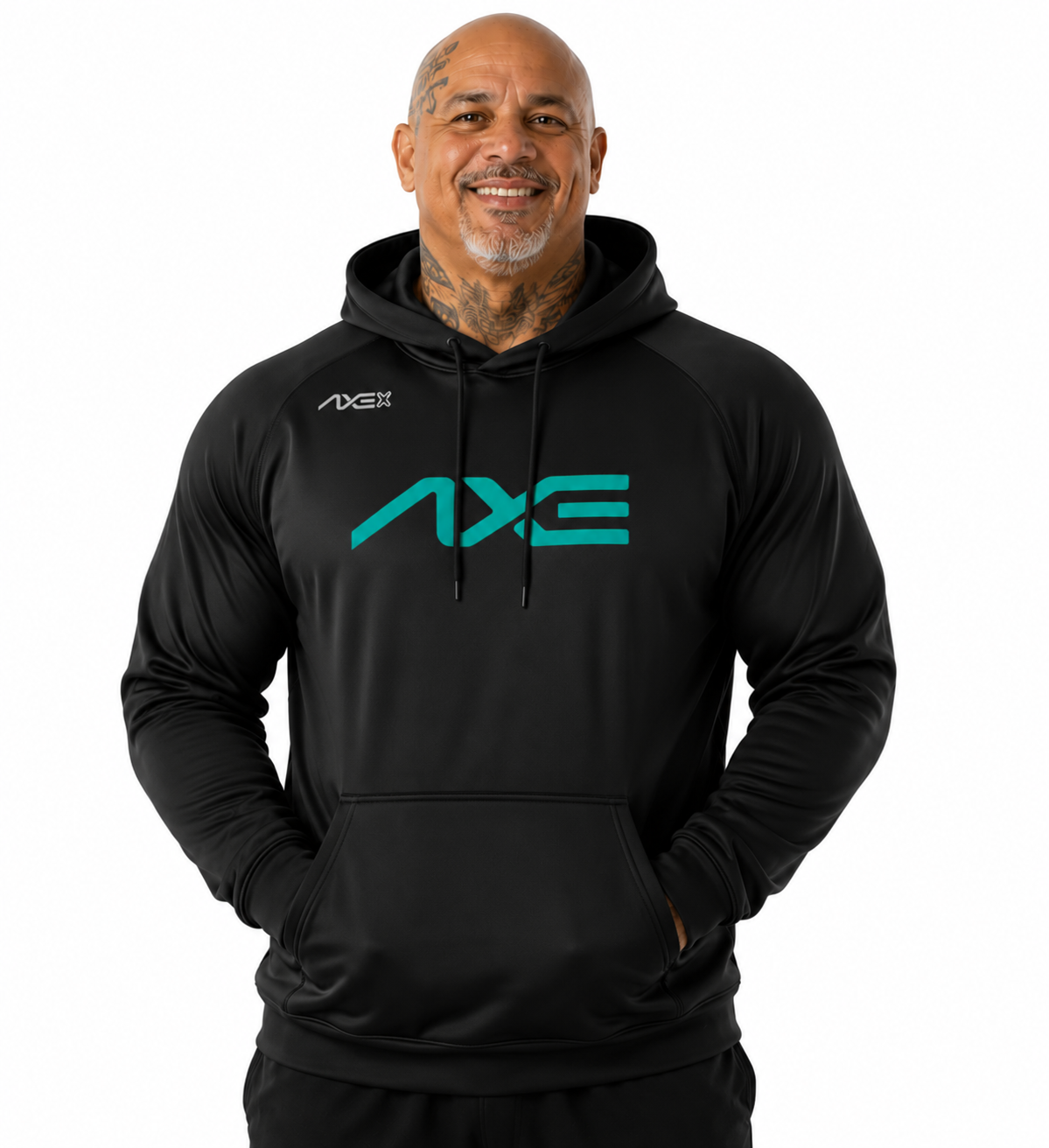 A man wearing a black long-sleeve athletic hoodie with a large teal AXE logo on the chest and a smaller AXE logo on the right shoulder, shown against a plain white background.